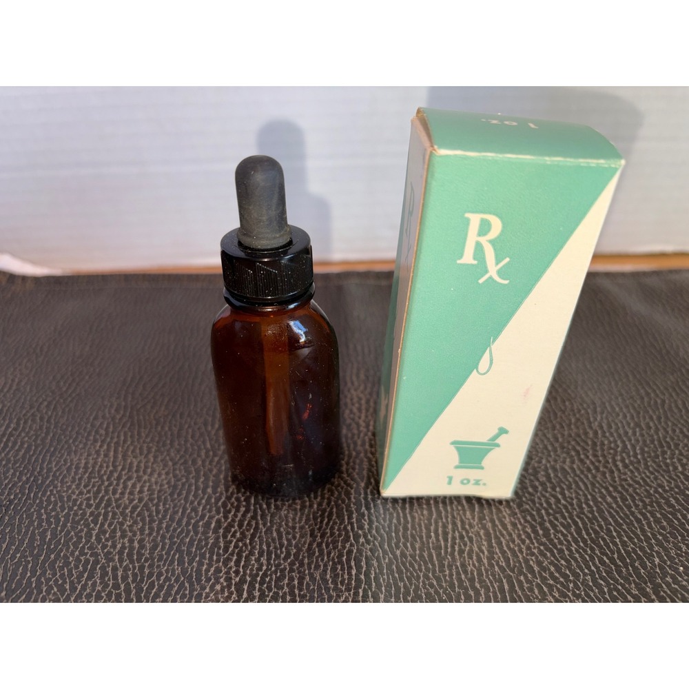 Vintage Amber Glass Apothecary Dropper Bottle with Original Rx Box
